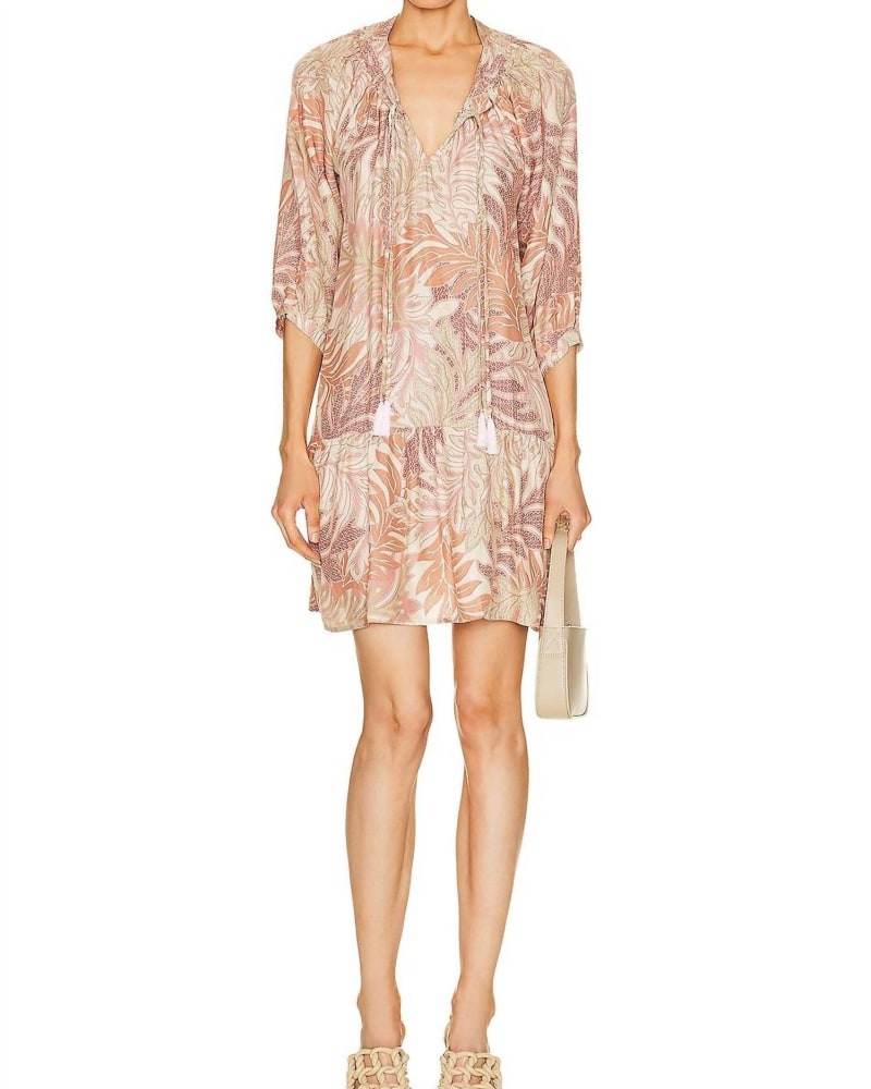 Front of a model wearing a size L Stevie Dress in Jungle Print Clay in Jungle Print Clay by natalie martin. | dia_product_style_image_id:339851